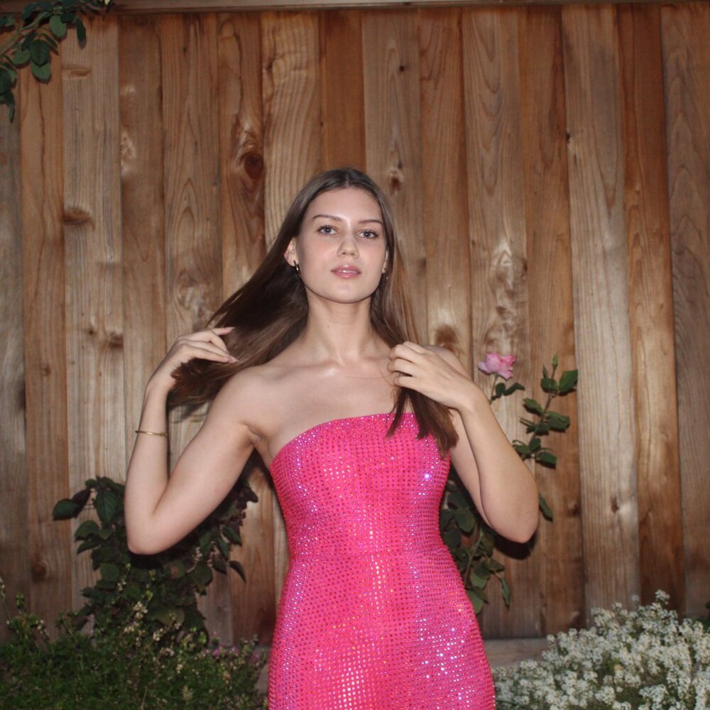 Oh Polly Embellished Strapless Evening Gown in Hot Pink
